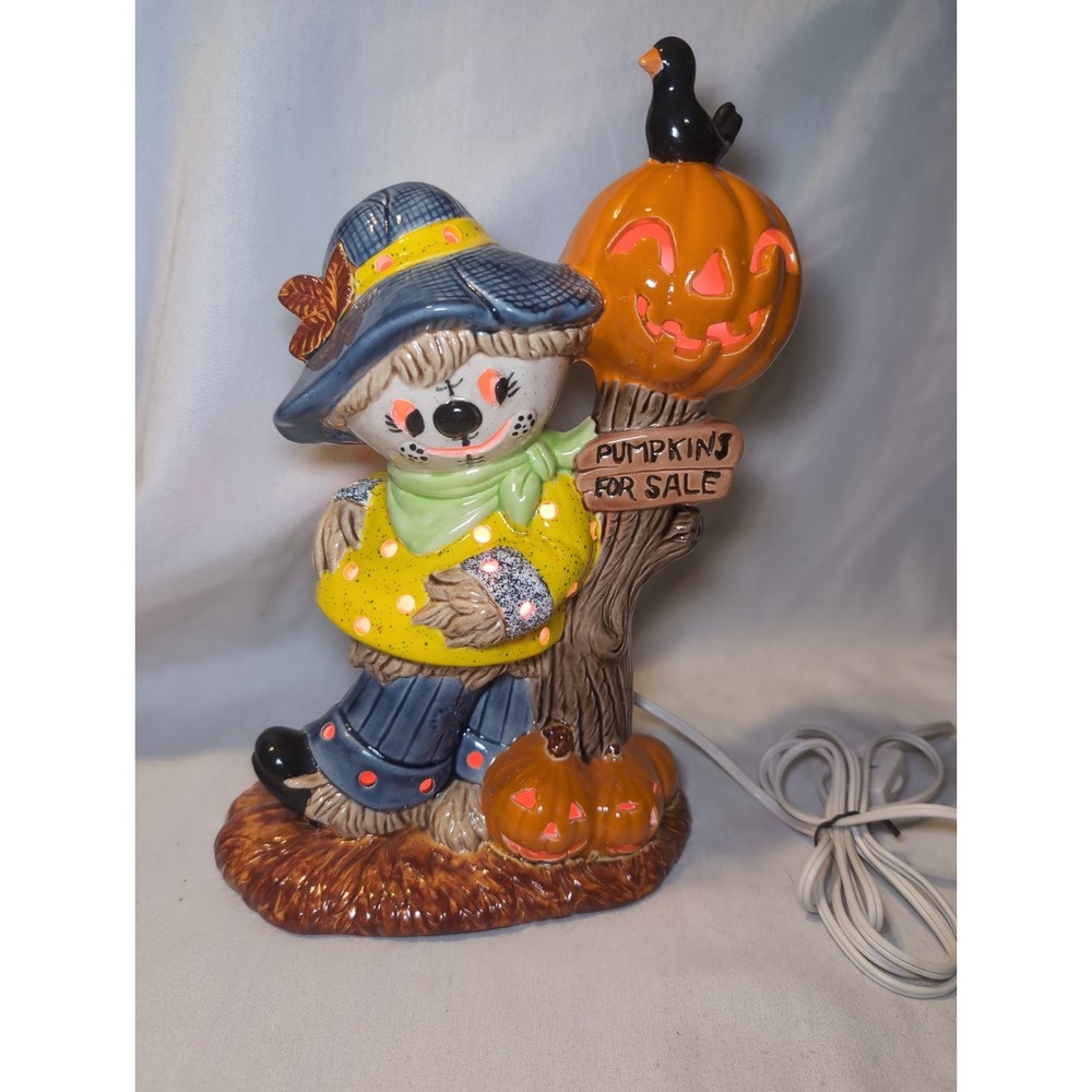 Vintage 80s Fall Halloween Ceramic Light Up Scarecrow 12"x8" Mt Top Ceramic